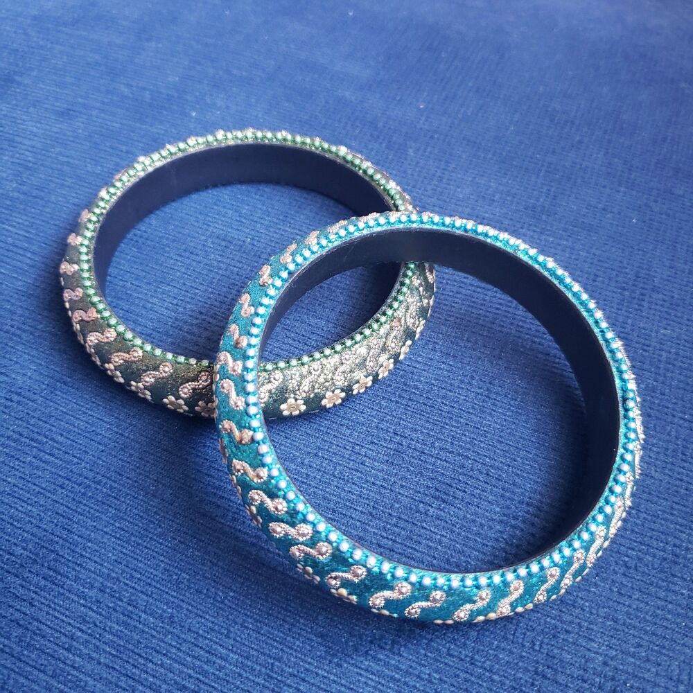 Pair of Teal/Green/Gold Tone Floral Bangle Bracelets Ethnic/Boho/Bollywood